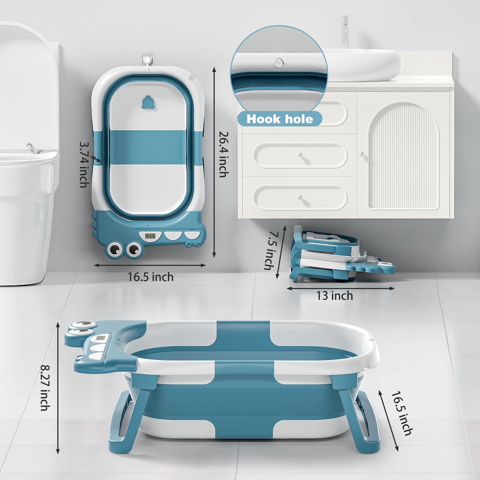 Bañadera De Bebe Niño 0-6 Meses Recien Nacido Azul Con Termómetro y Cojín Bañera