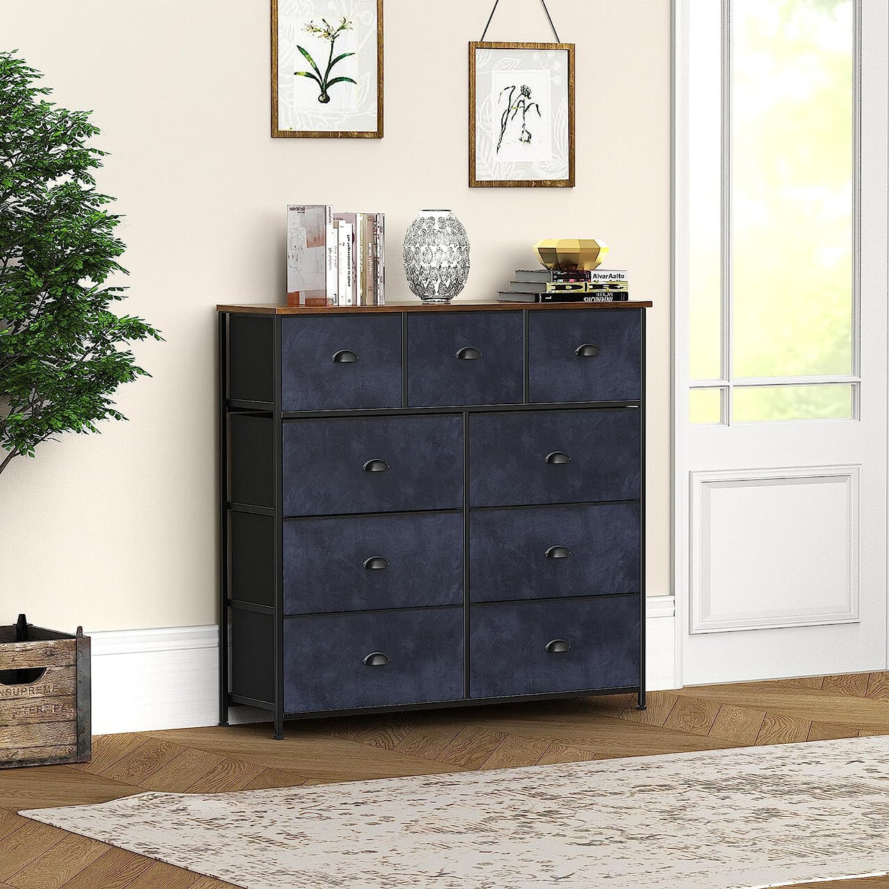 9-Tier Drawers Nightstand Chest Dresser Organizer Storage Bedroom Black Wood