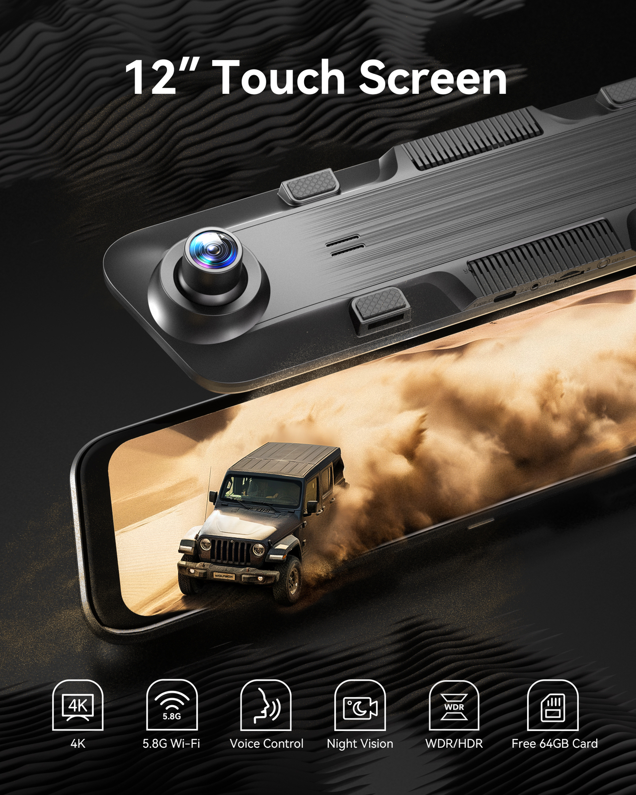 WOLFBOX 4K 12" Mirror Dash Cam Front and Rear Inside, 5G WiFi, Free 64GB SD