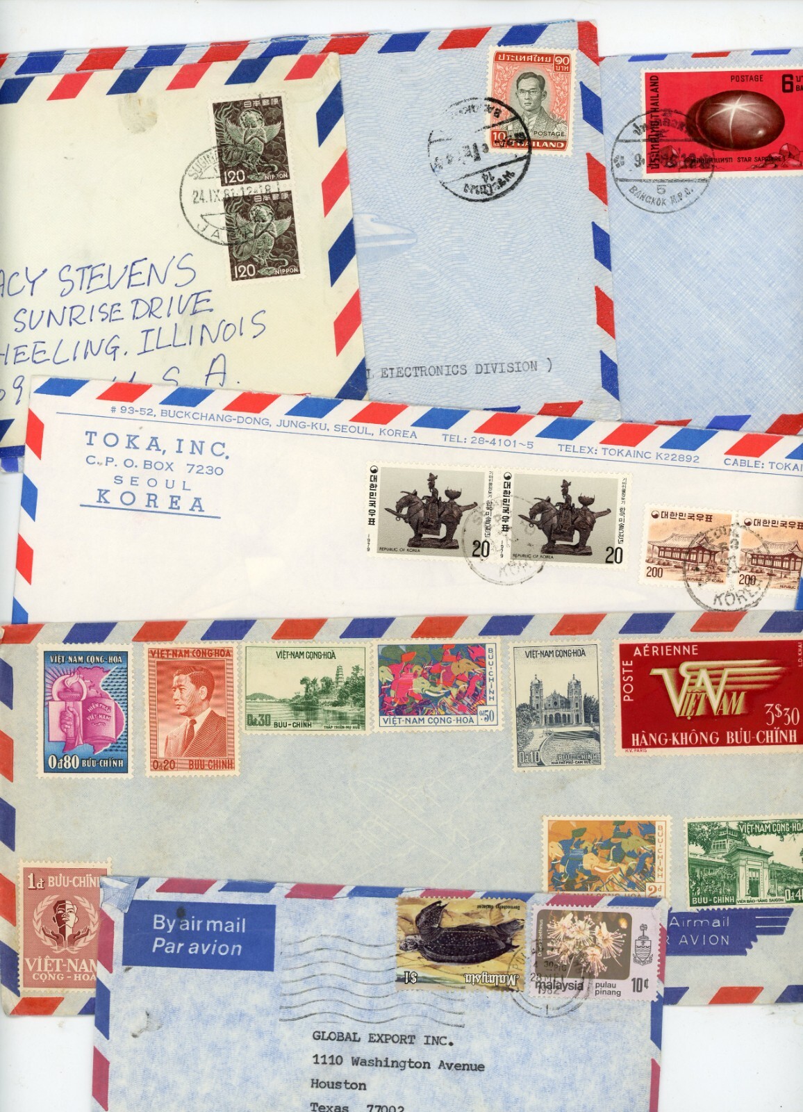 6 Asian Airmail Stamp Covers Japan Korea Thailand Malaysia Vietnam 60s–70s