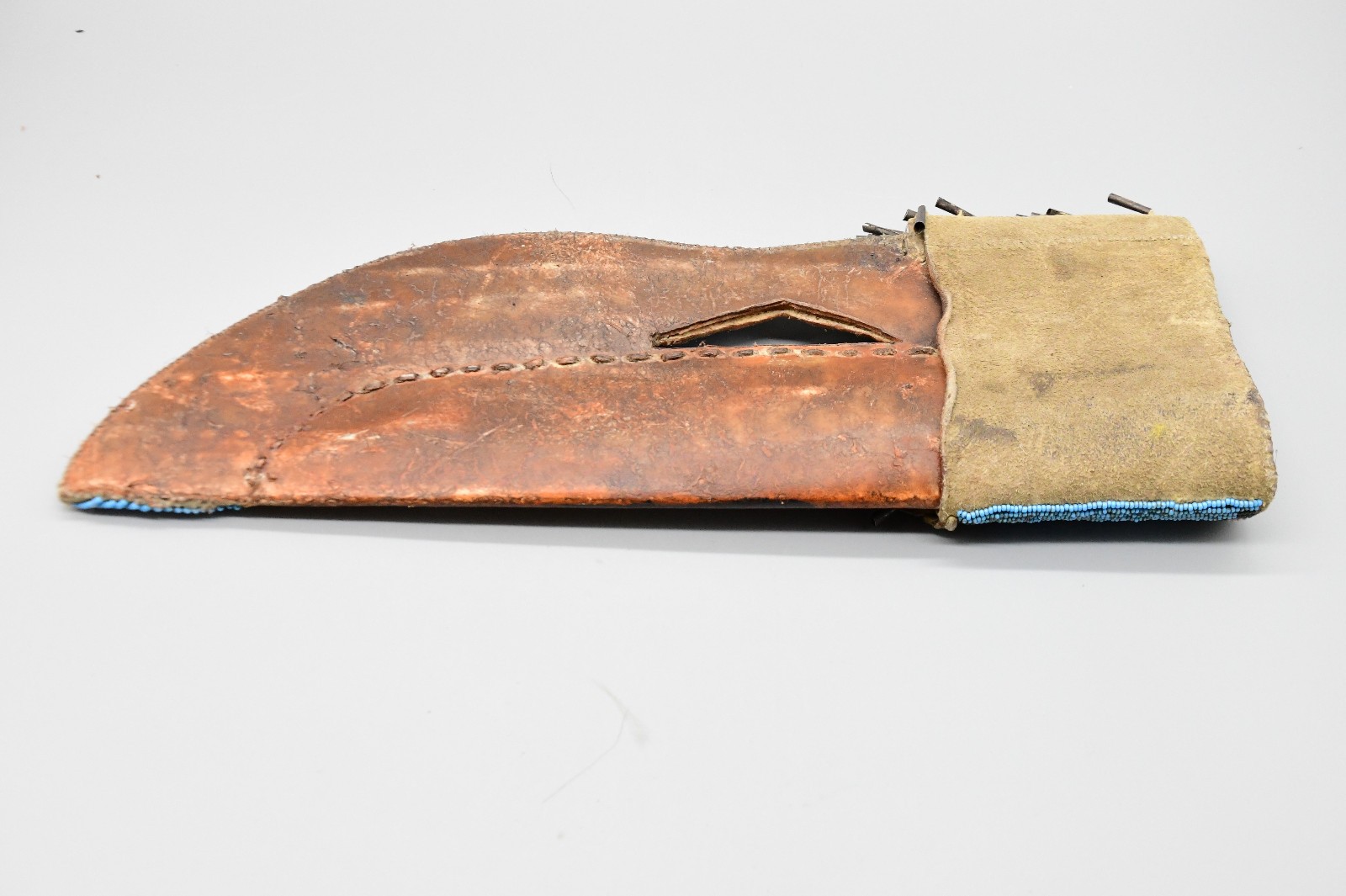 14" 1880s Blackfoot Knife Sheath Blue Beaded and Rawhide With Cones