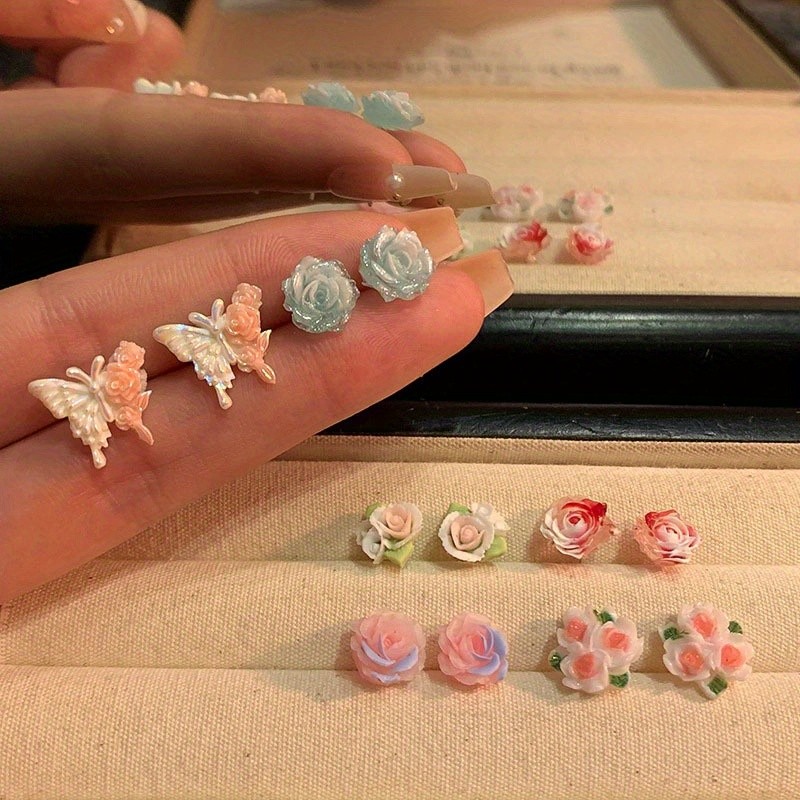 6Pair Women's Colorful Resin Flower Butterfly Ear Studs Set Sweet Earrings