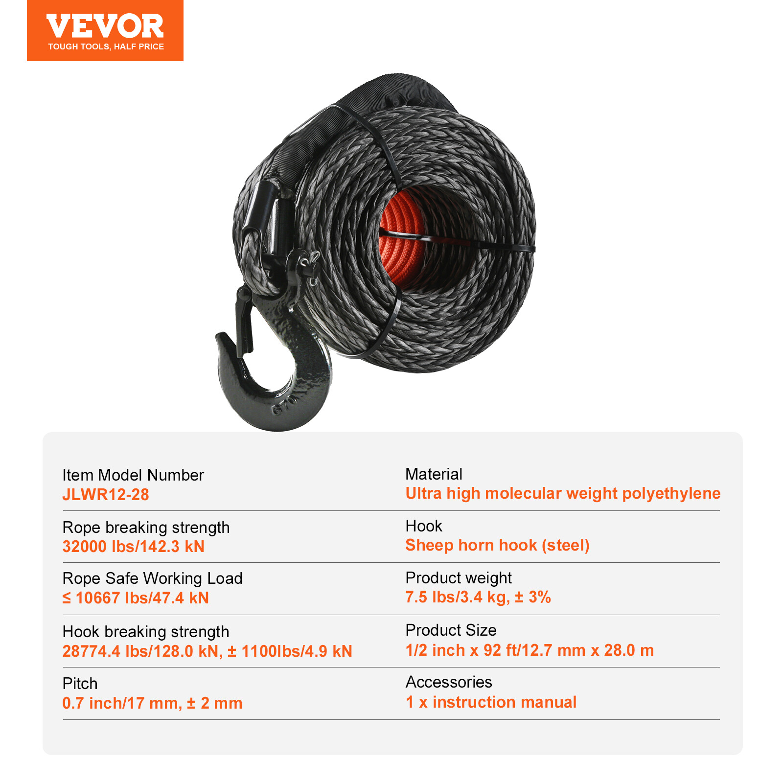 VEVOR Synthetic Winch Rope Winch Line Cable 1/2" x 92' 32000 lbs for SUV Truck