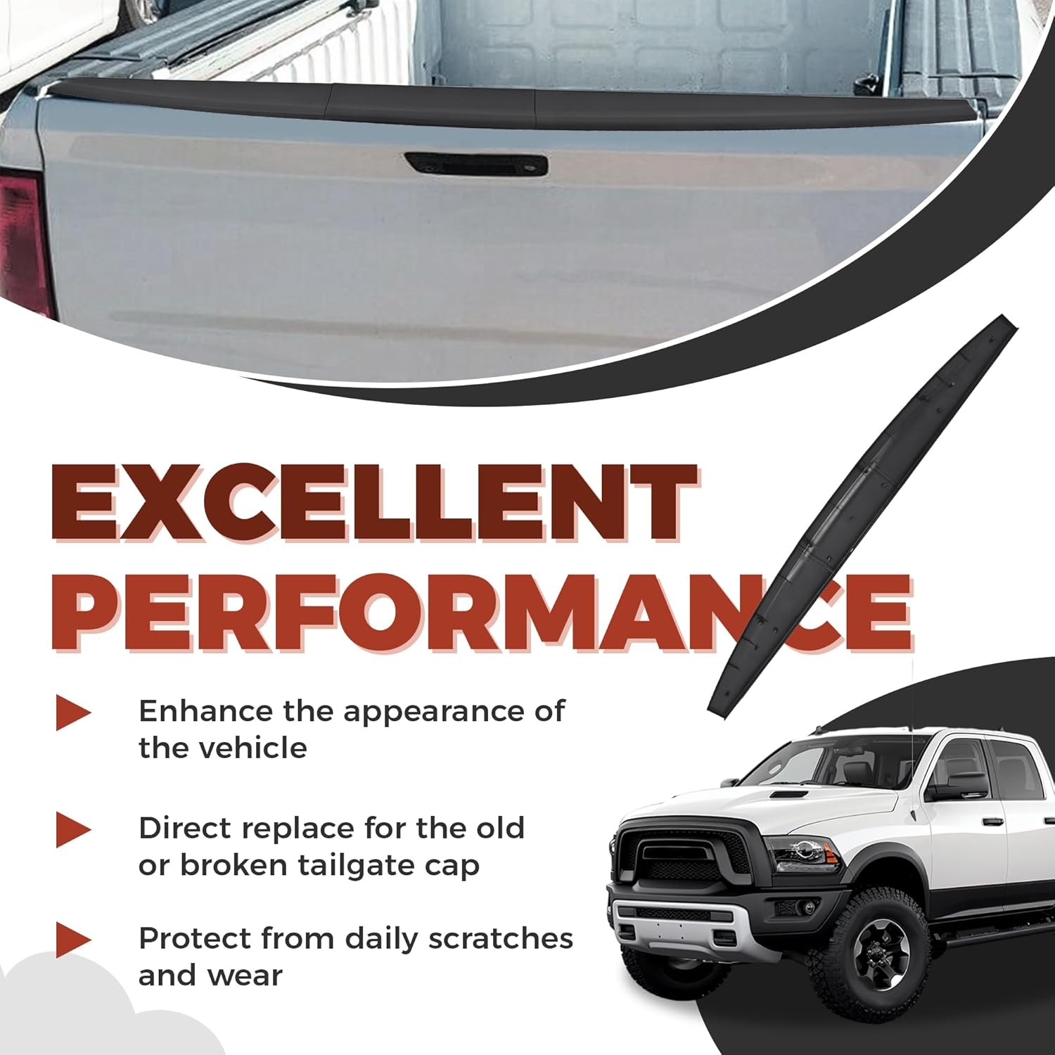 Tailgate Cover Molding Top Cap Protector Spoiler for 2009-2018 Dodge Ram Pickup