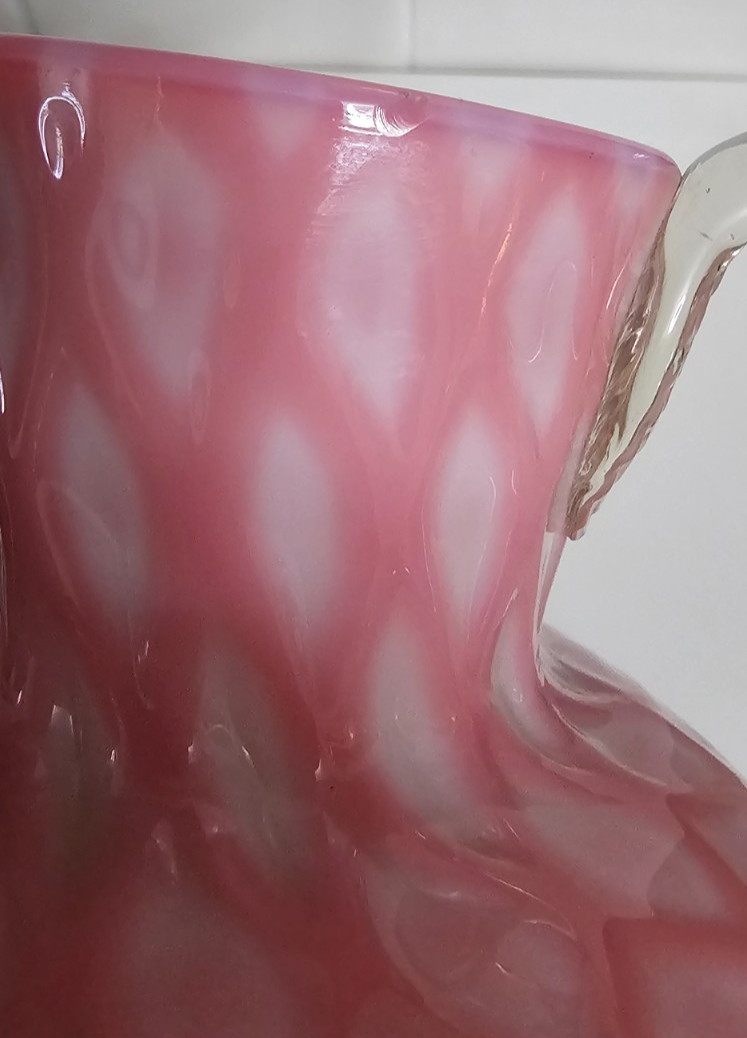 EAPG Victorian Glass Opaque Pink White Lattice Pitcher Jug
