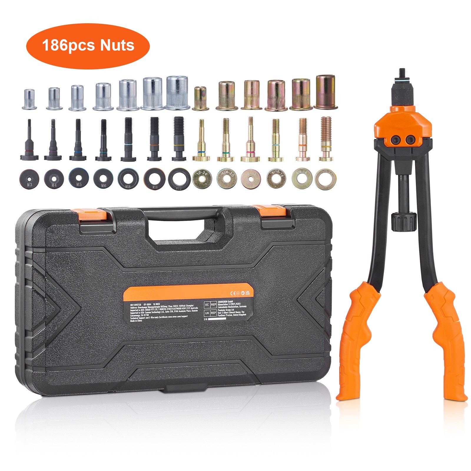 Rivet Nut Tool 16in Rivnut Tool Kit 13 PCS Mandrels and 186 PCS Rivet Nuts
