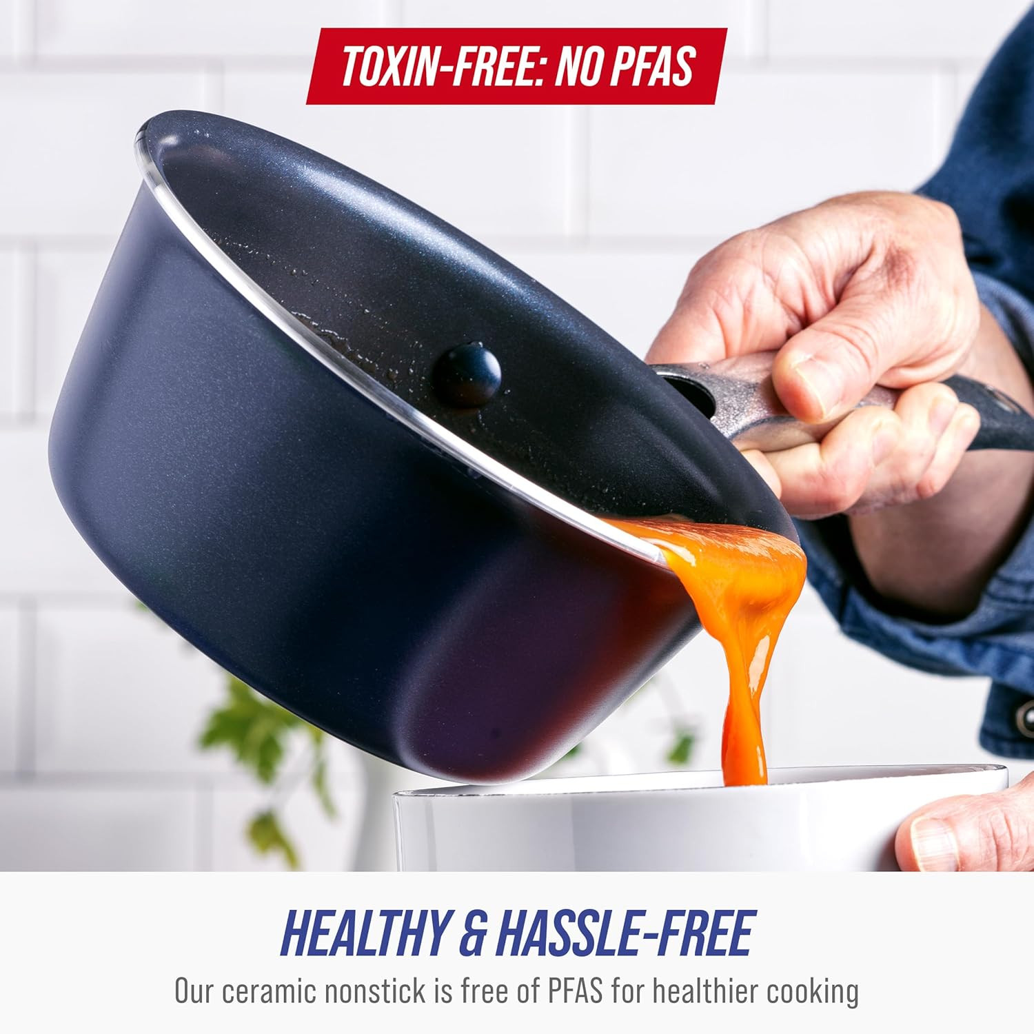 Nonstick 2QT Saucepan with Lid, Non Toxic Pfas-Free Diamond Ceramic, Dishwasher