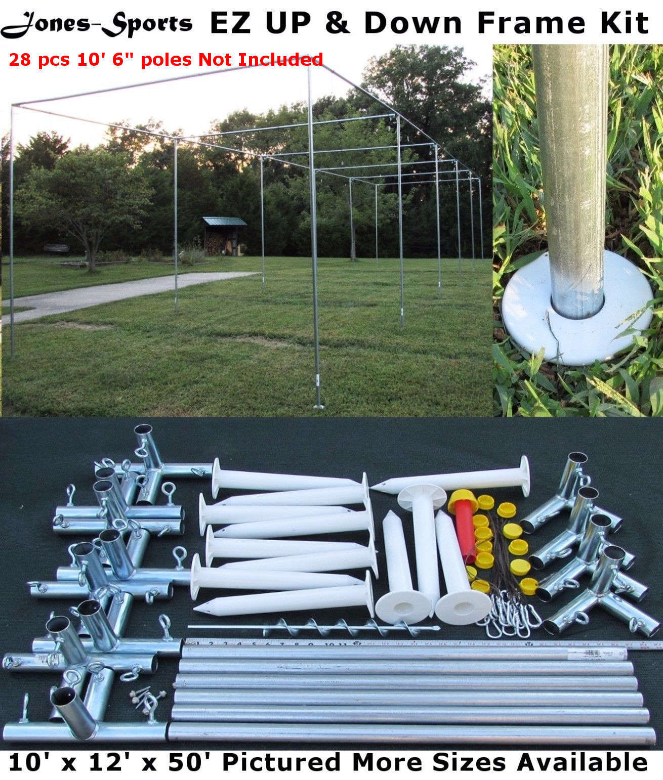 Jones-Sports Batting Cage Frame Kit 10' x 12' x 50' EZ UP & DOWN Frame Kit
