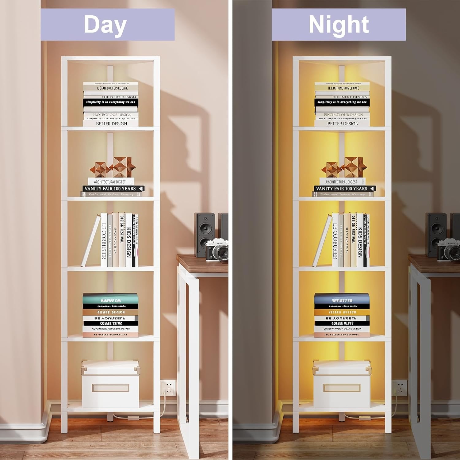 Estantería esquinera de 6 niveles con luz LED, ideal para espacios reducidos, co