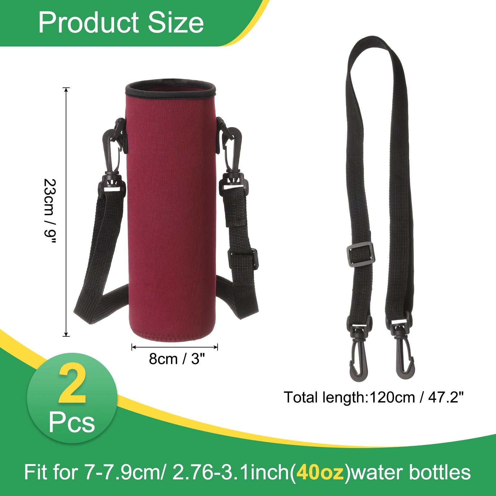 2pcs 40 oz Neoprene Insulated Water Bottle Sleeve with Strap, Wine Red