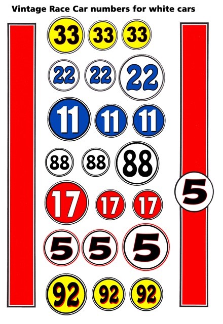 Race Car Numbers - Can Am - F1 - SCCA 1/64th HO Scale Slot Car Decals