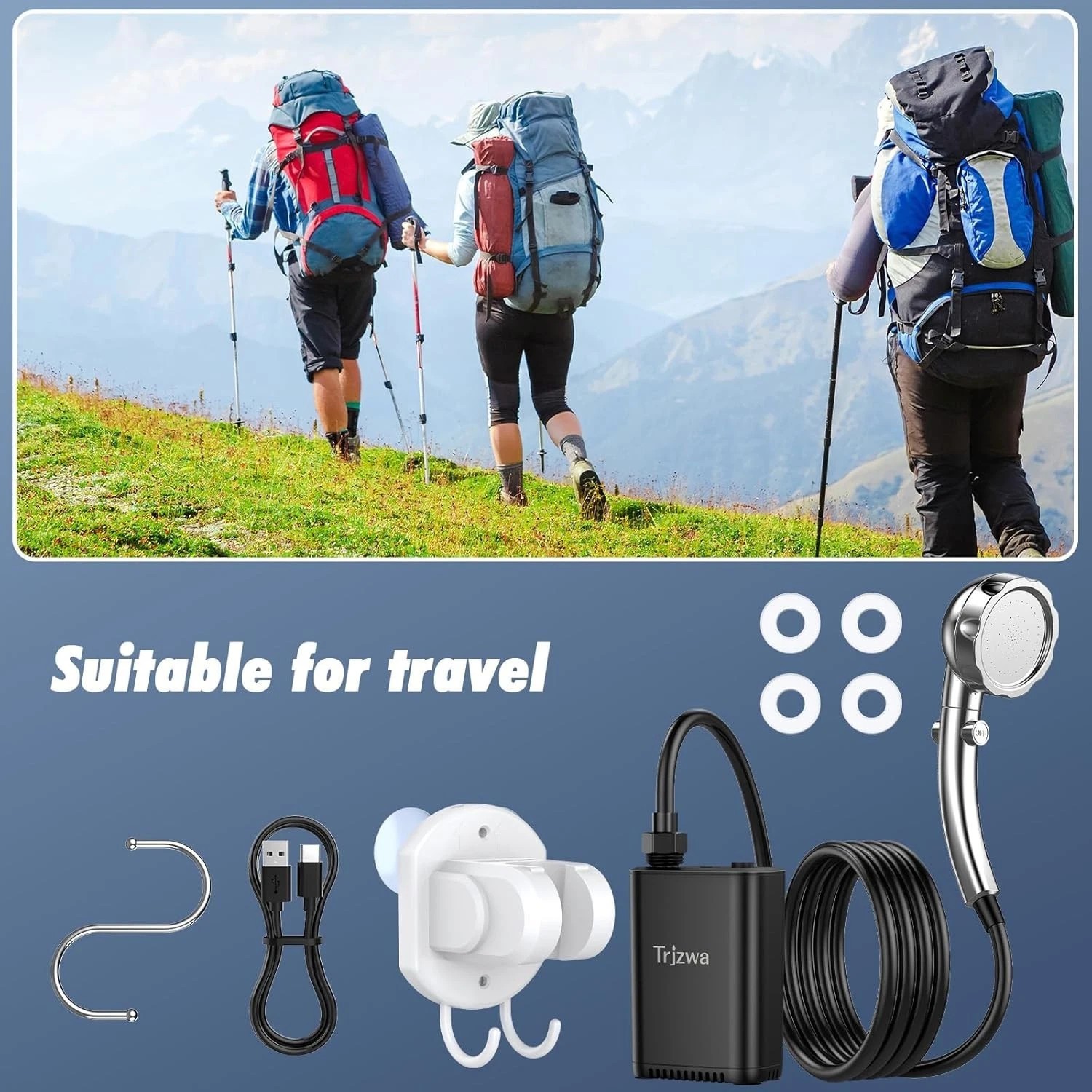 Portable Camping Shower Pump Rechargeable, Adjustable Shower Head Outdoor Travel