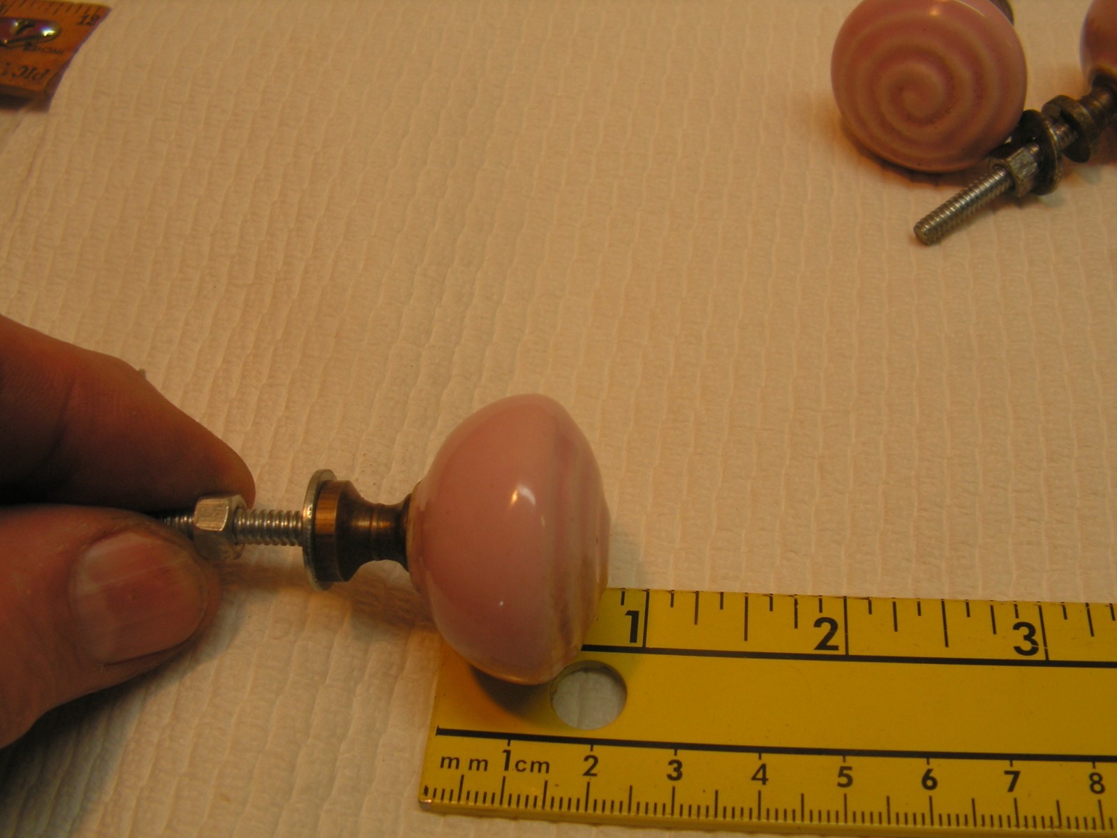 4 Vintage Porcelain Drawer Pull Handle PINK SPIRAL Cabinet Knobs NICE!