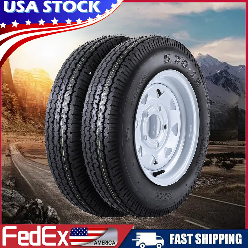 2Set 5.30-12 Trailer Tires with Rims 5.30x12 5.3-12 530-12, 5 Lug on 4.5", 6PR