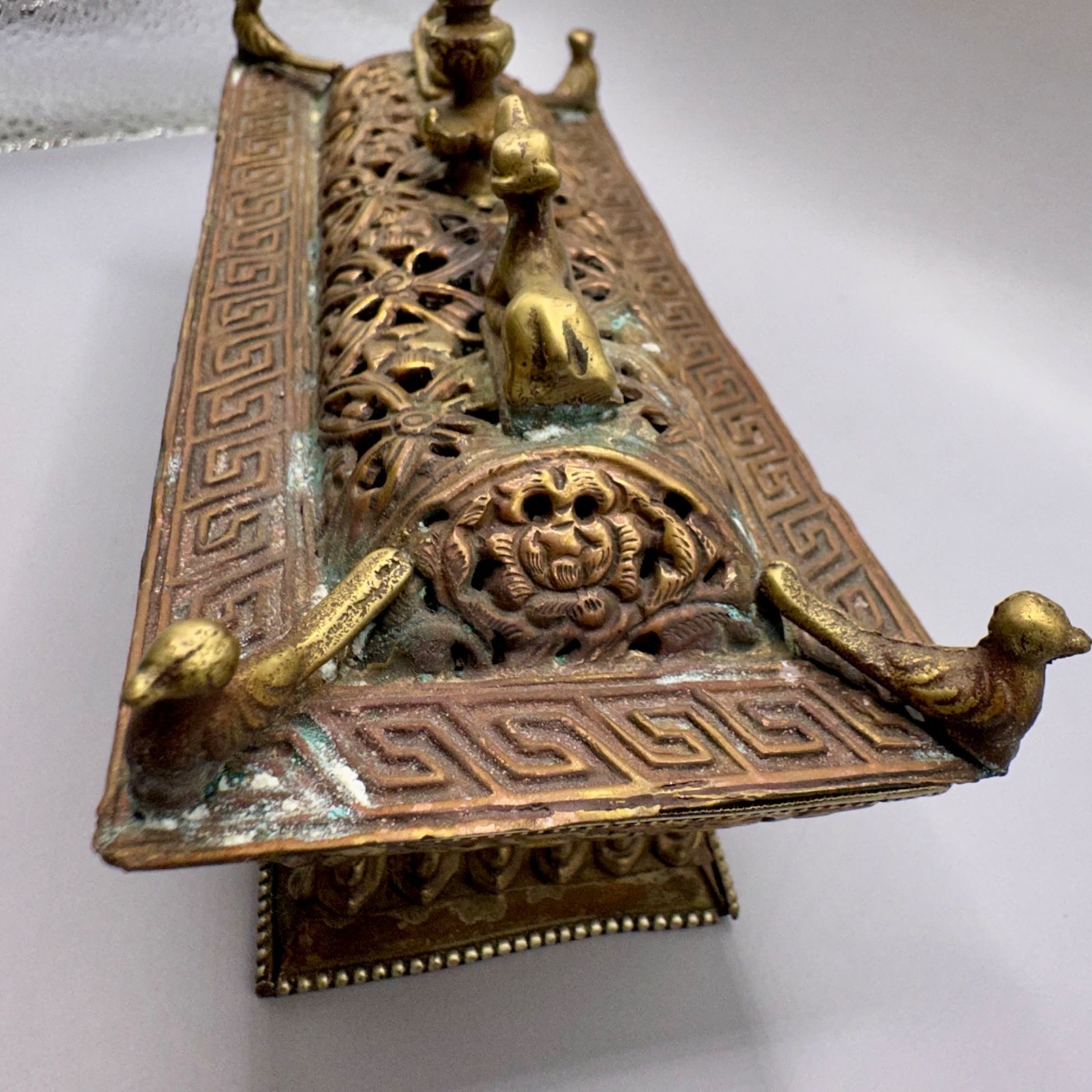 Nepal Tibetan Buddhist Incense Burner Brass & Copper Animal Finials Birds Motifs