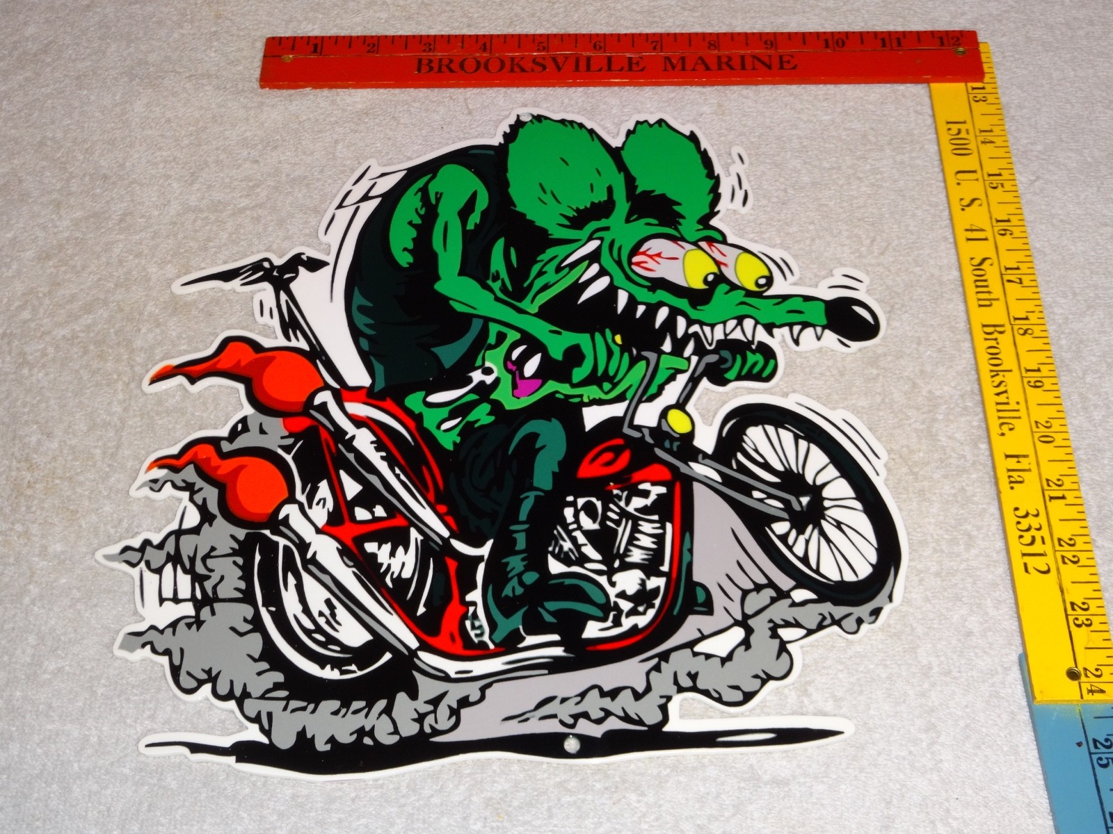 VINTAGE RATFINK RIDES MOTORCYCLE 12" PORCELAIN METAL RAT FINK GASOLINE OIL SIGN