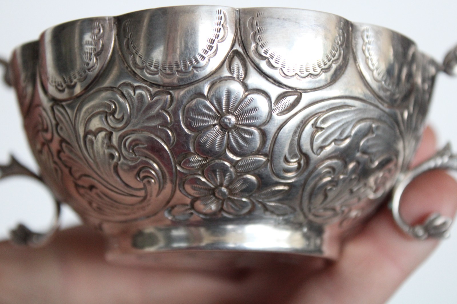 Antique 19th Century Silver Portuguese Bernegal Repousse Handled Religious Cup