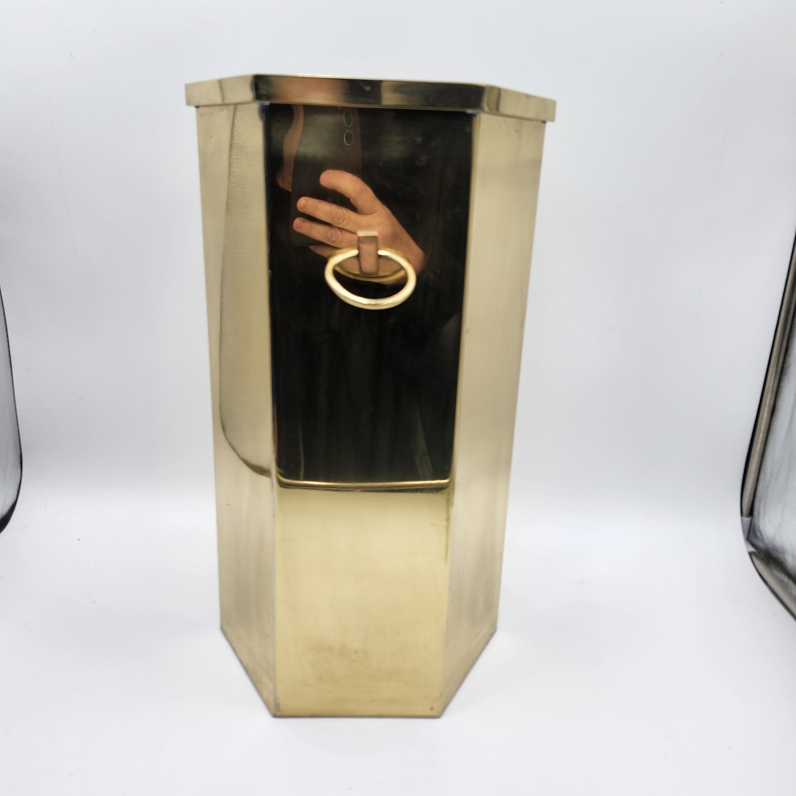 Vintage gold shiny brass Umbrella Stand 18" x 10" w/ Handles hexagon