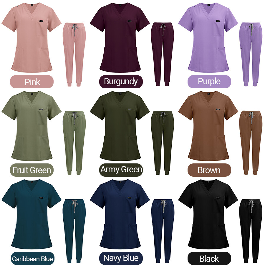Women Men Stretch Nurse Uniform Medical Scrub Sets V-Neck Top Jogger Pant Unisex