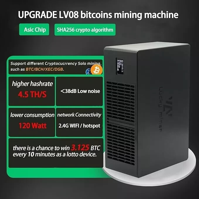 Lucky Miner LV08 4.5Th/S SHA-256 Bitcoin BTC WIFI Miner Solo Mining Lotto Device