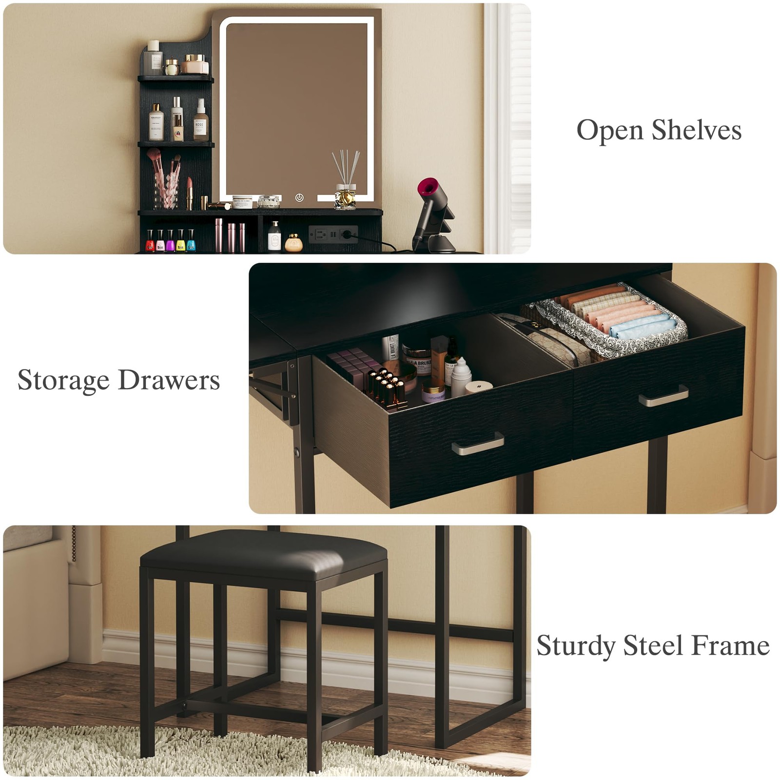 Makeup Vanity Desk with Mirror and Lights, Small Vanity with Chair & Shelves