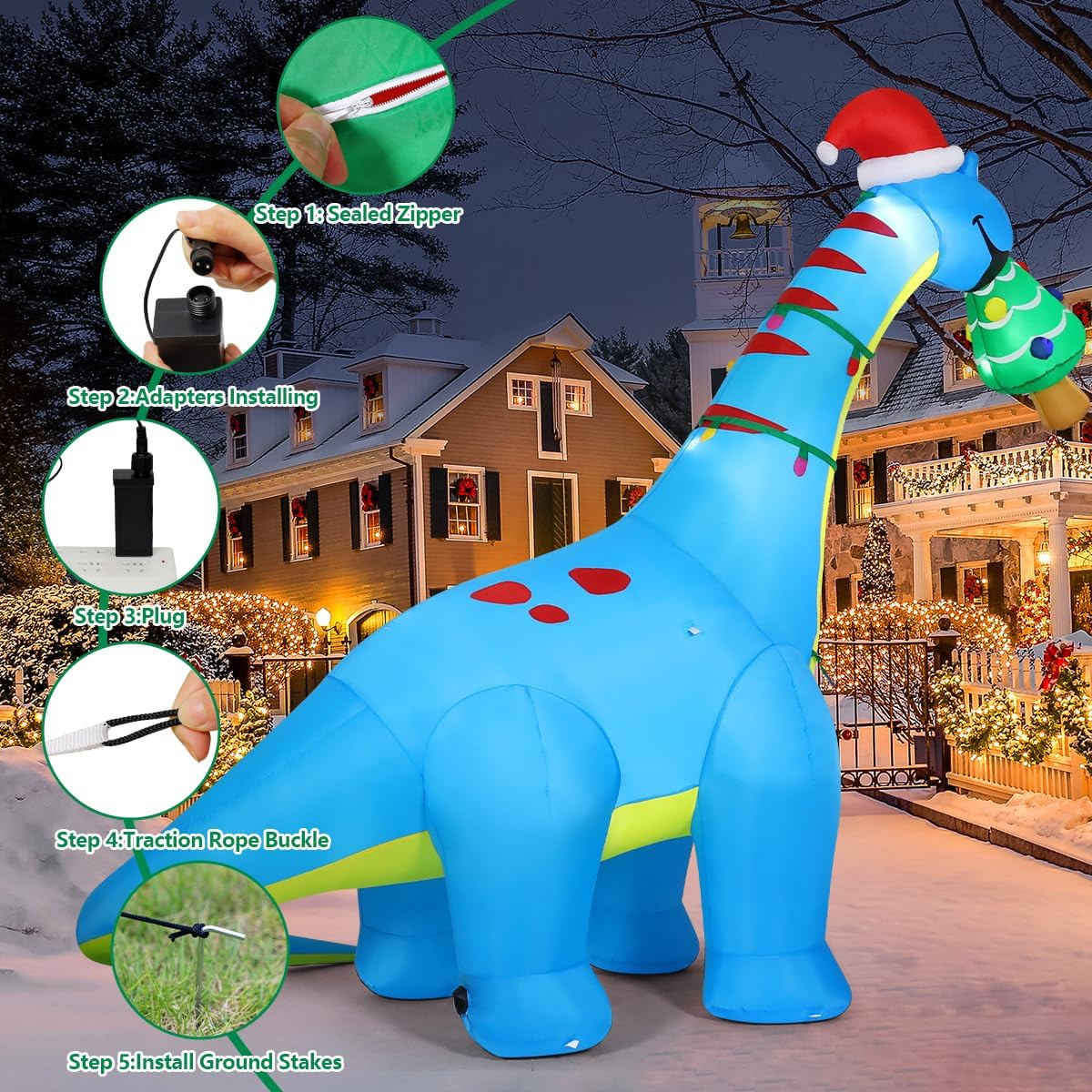 10Ft Christmas Inflatables Outdoor Decorations, Blow up Dinosaur Christmas Tree
