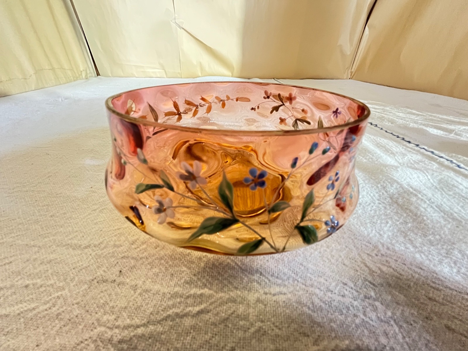 Victorian Enameled Amberina Low Bowl-Floral Sprigs-Victorian-Late 1800’s