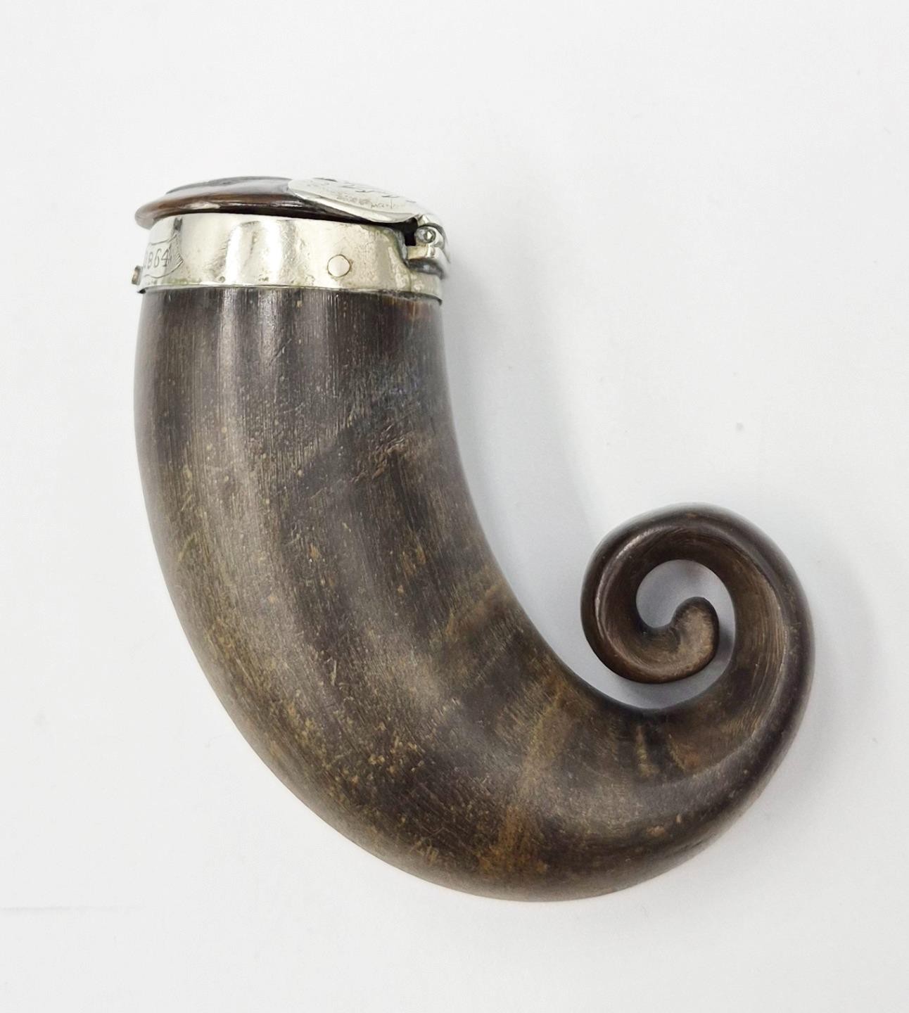 VICTORIAN SCOTTISH SILVER PLATE MOUNTED RAMS HORN SNUFF MULL c1864 HUGH MACKAY