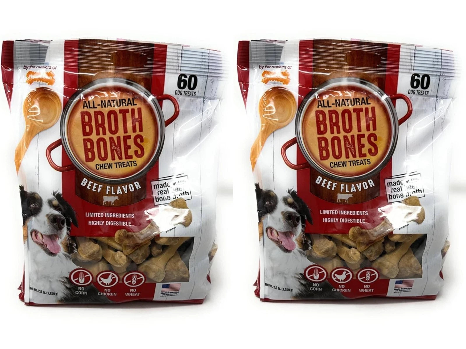 2 x Nylabone Broth Bones Natural Edible Dog Chews Beef Flavor 60ct 2.60lb= 120ct