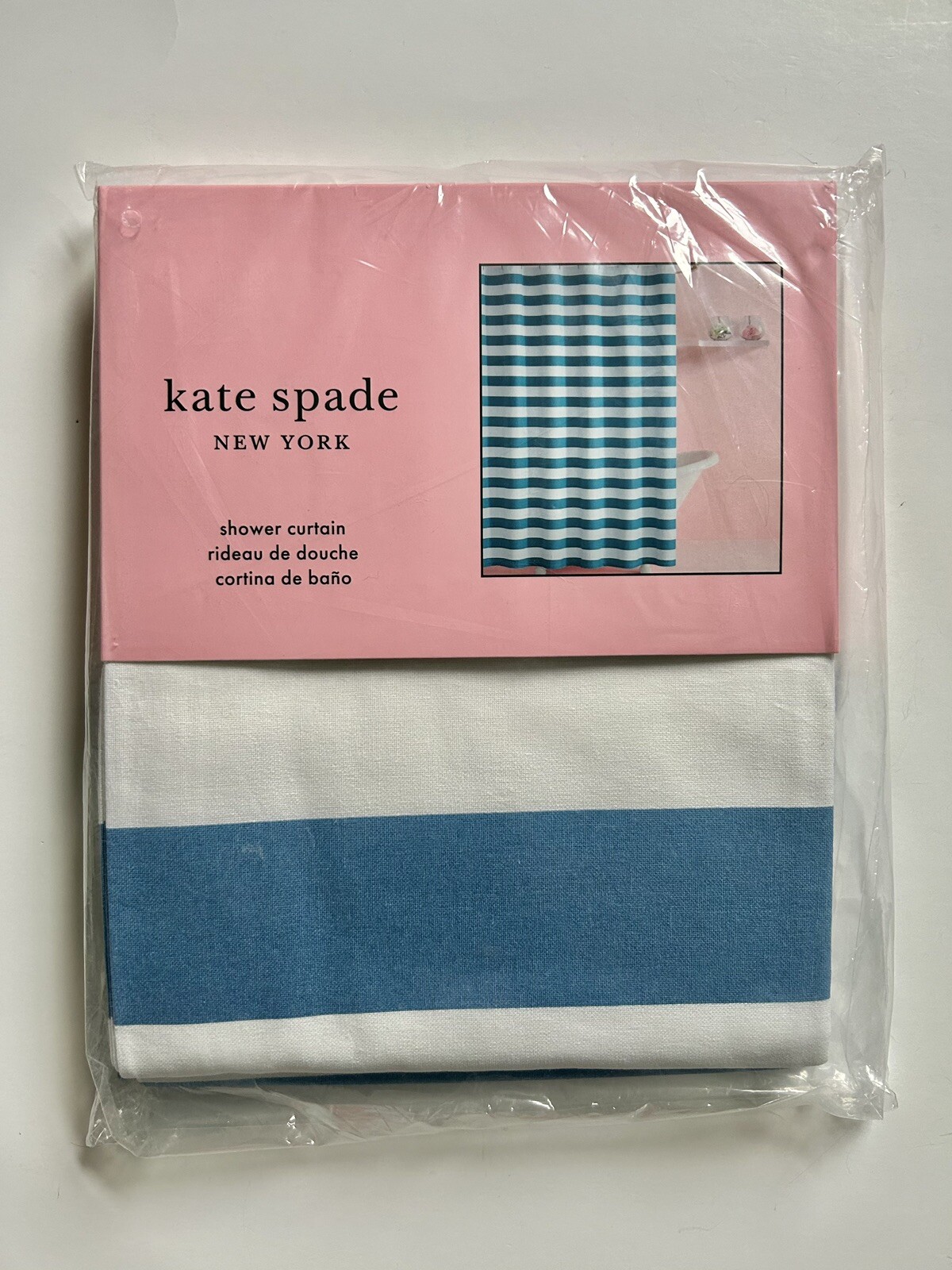 NWT $50 KATE SPADE Cabana Stripe Cotton Shower Curtain 72x72 Blue & White