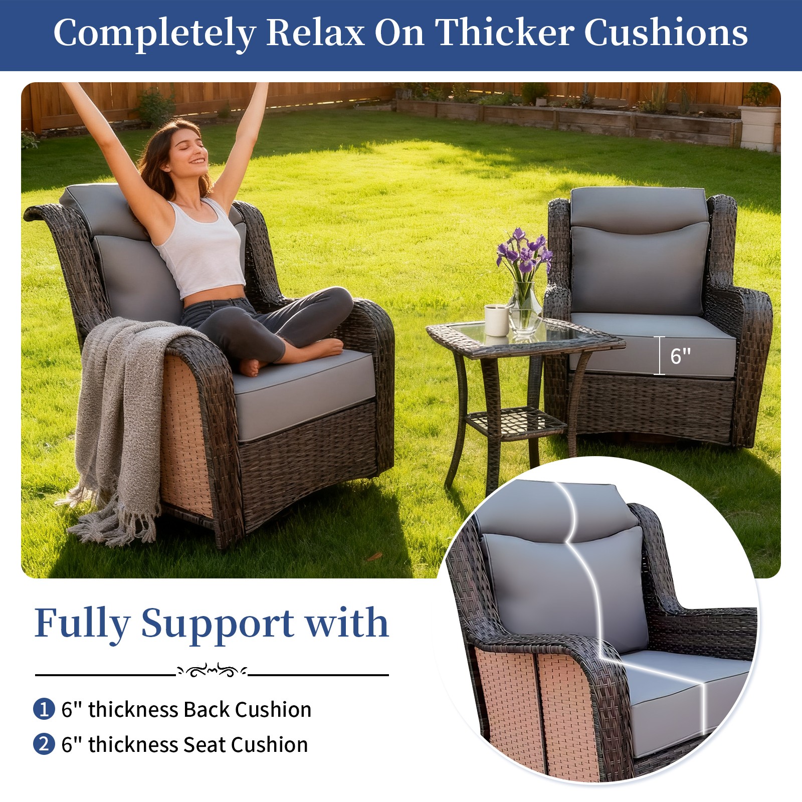 3PCS Wicker Patio 360° Swivel Rocker, Outdoor Swivel Rocking Chair Set w/ Table