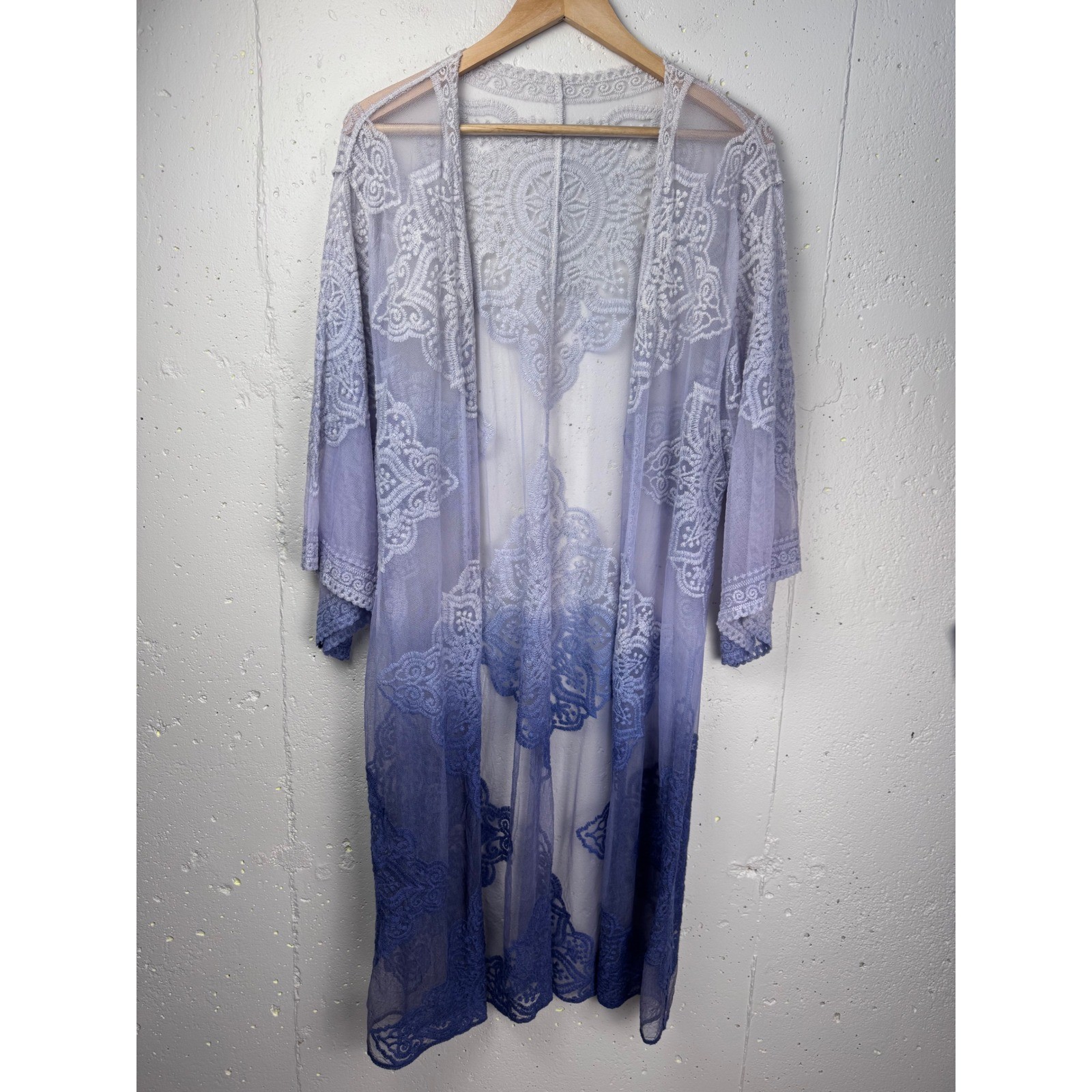 Boho Lace Kimono Duster Lavender Periwinkle Ombre Sheer Festival Cardigan OS