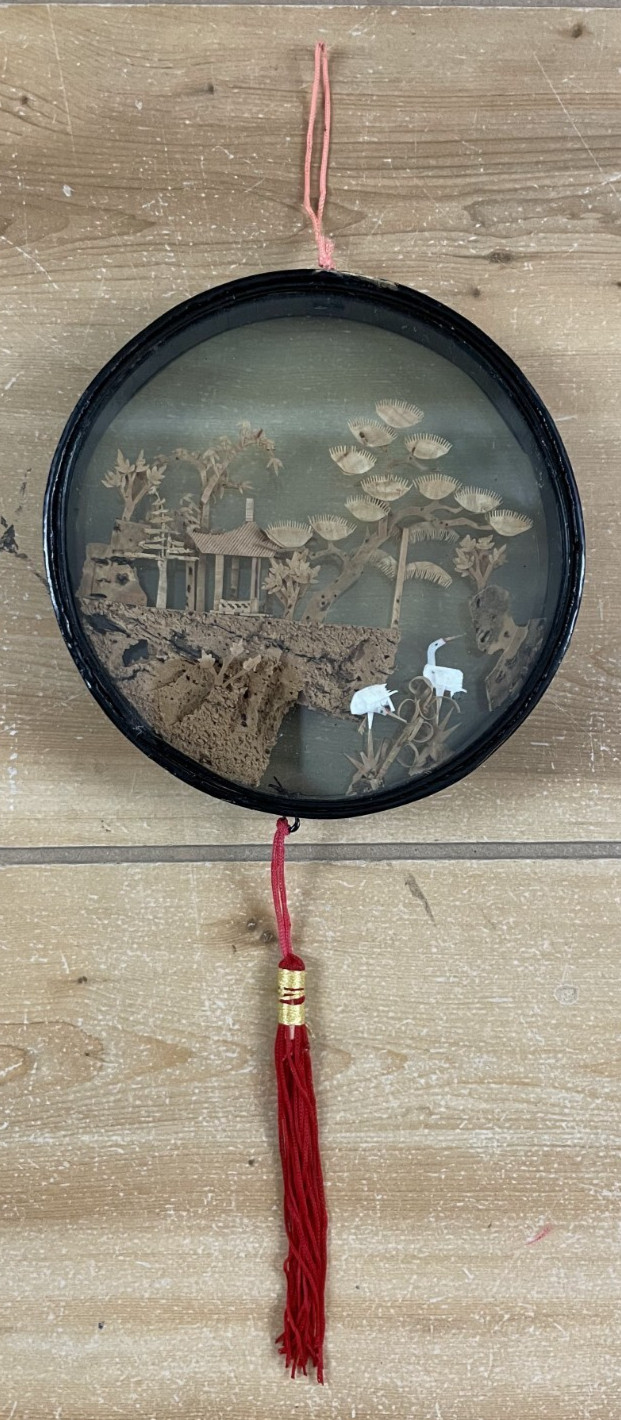 Vintage Chinese Cork Carving Wall Art Pagoda Crane Scene Round Framed Decor