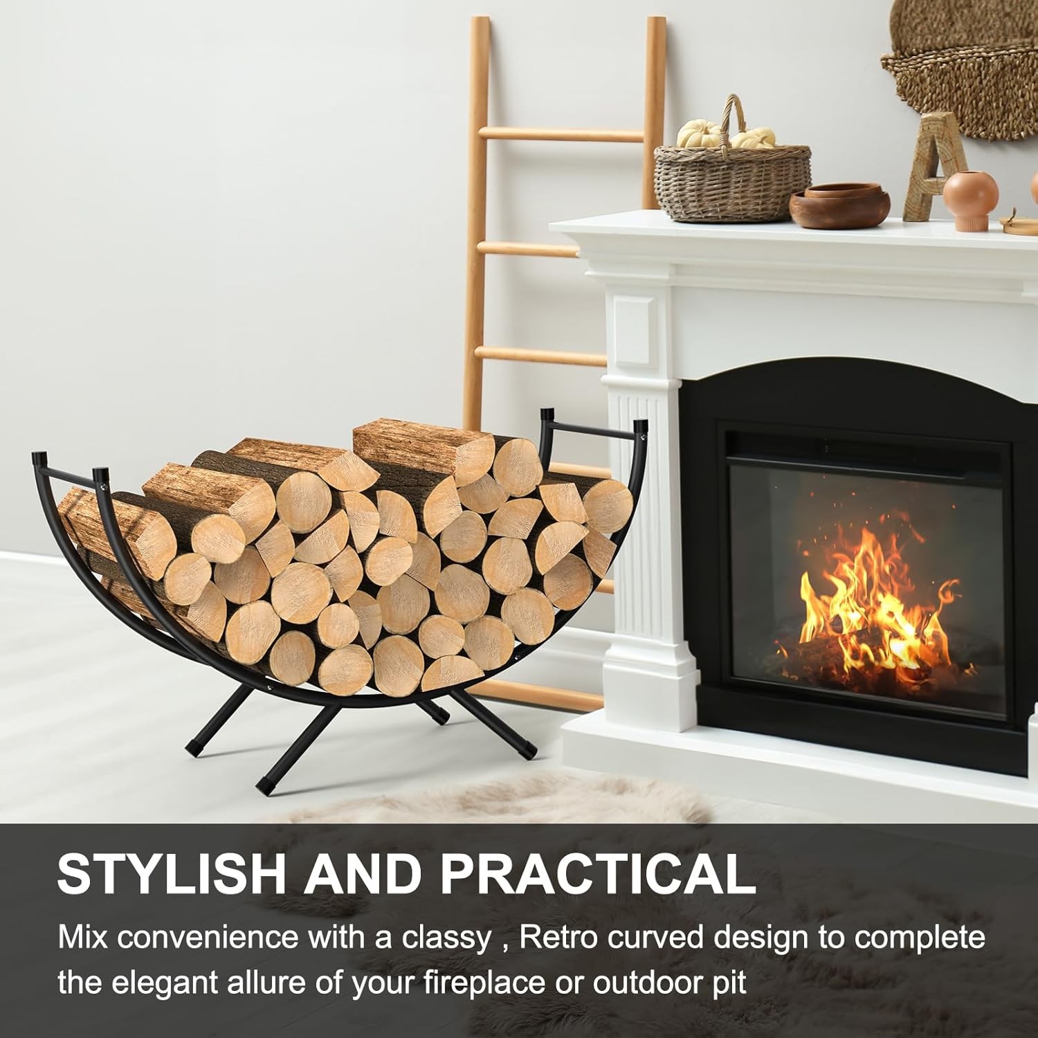 Curved Firewood Rack 33" Heavy Duty Metal Fireplace Log Holder Firewood Storage