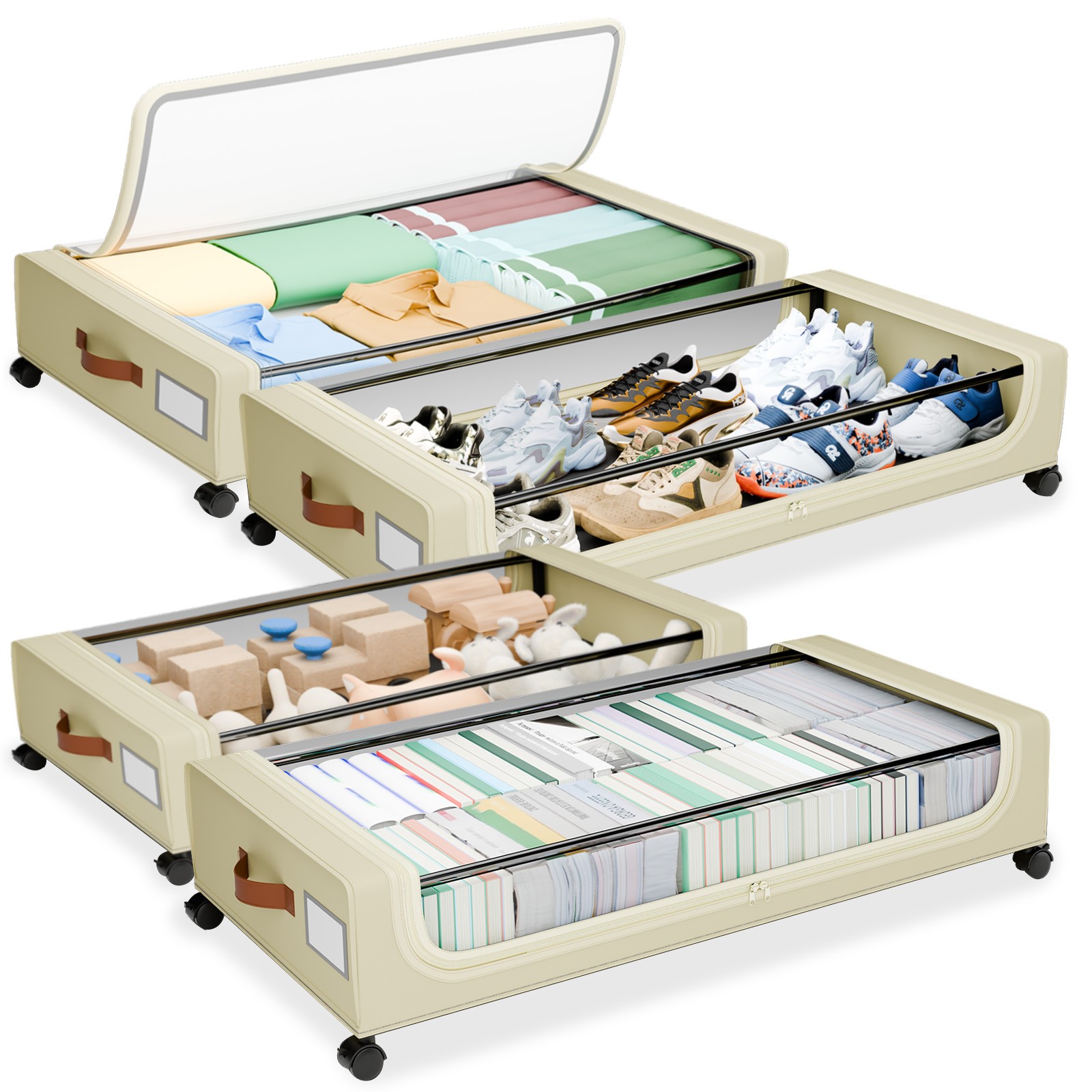 XXXL Under Bed Storage | 4-Pack Rolling Bins with Clear Lids for Clothes Toys