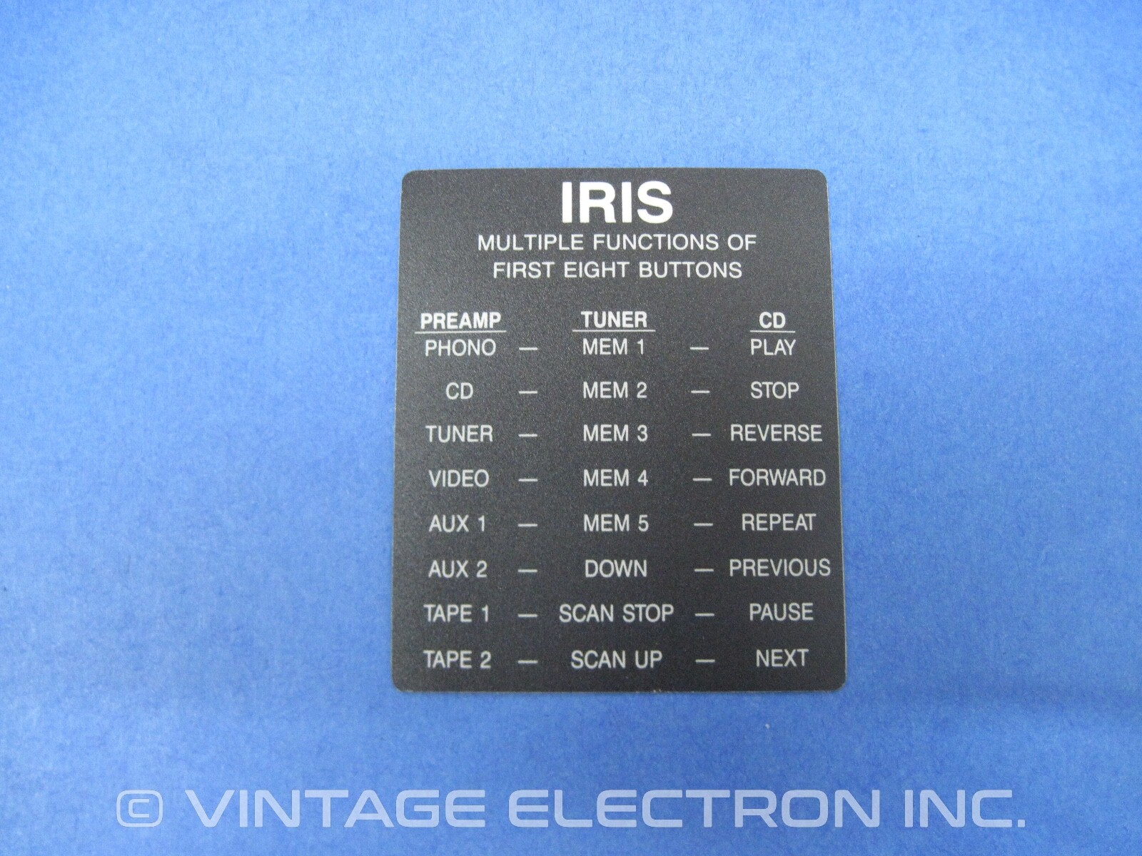 NOS HAFLER IRIS Remote Control REAR PANEL LABEL
