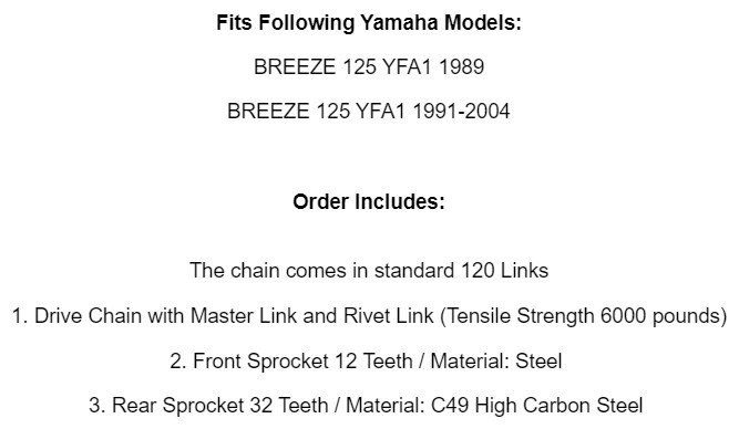 Drive Chain & Sprockets Kit fits Yamaha Breeze 125 YFA1 1989 1990 1991 1992-2004