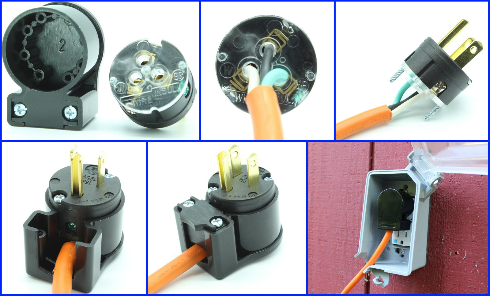 Male 90 Right Angled Extension Cord Replacement Ends 15A 110V Power Plug Repair