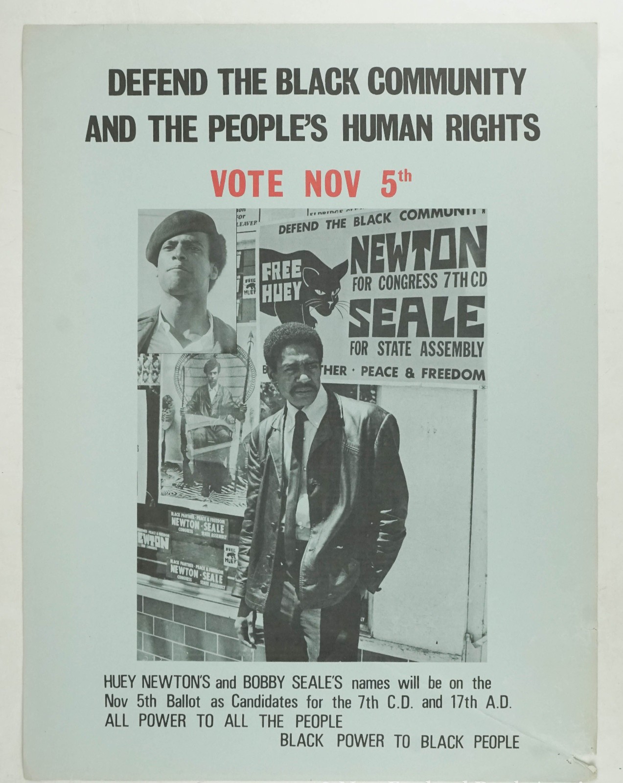 Original Very Rare 1968 Black Panther Party poster Vote Nov. 5th  Newton  Seales