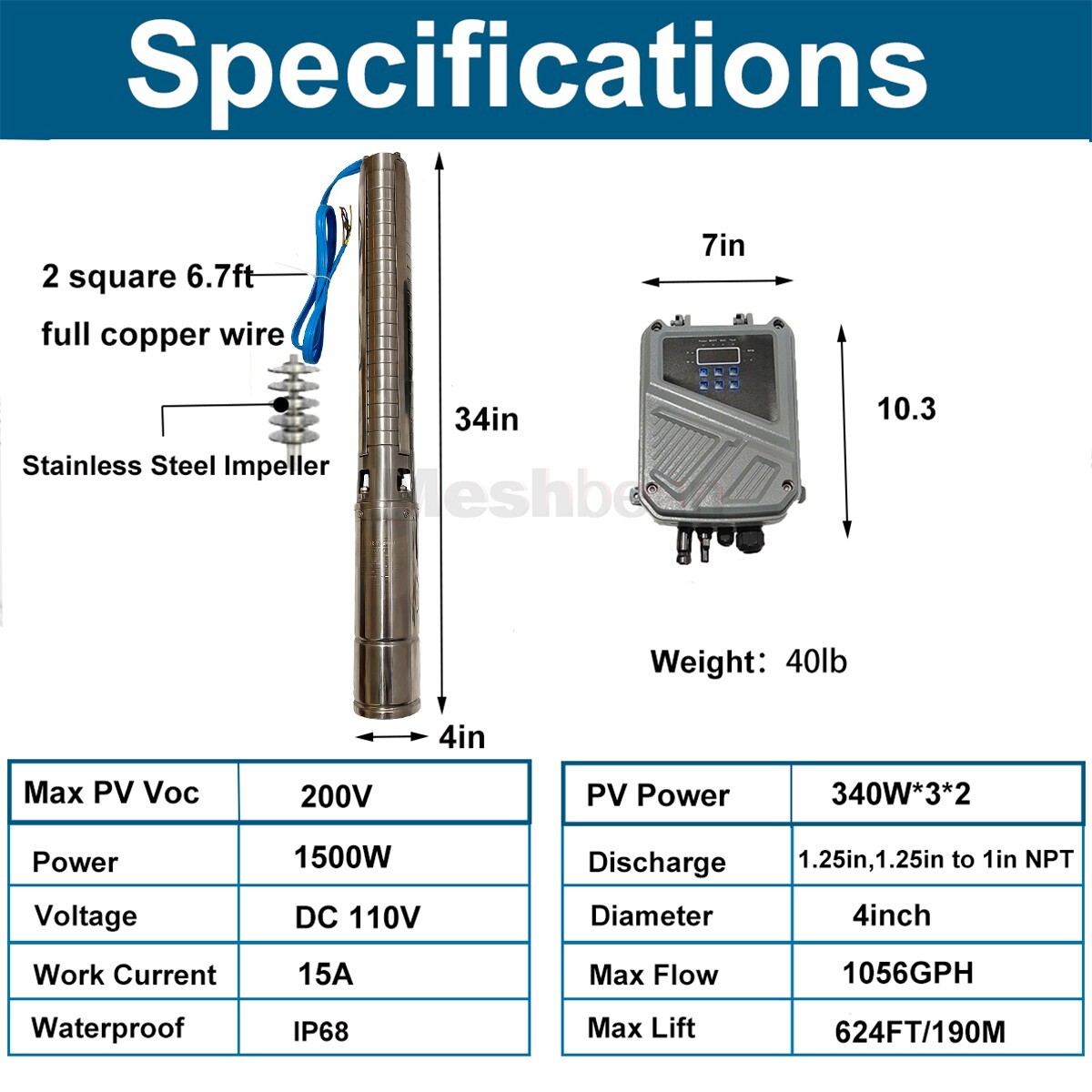 2HP 4in Solar Pump Submersible Pump Bore Deep Well Pump+MPPT Controller DC 110V