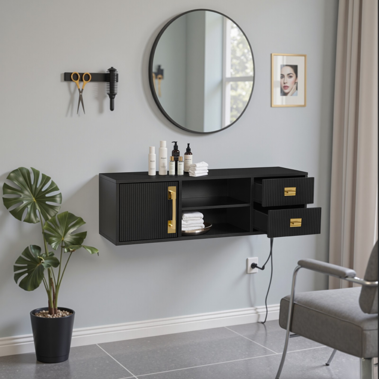 Wall-Mounted Barber Station with Golden Handles, Salon Hanging Storage Organizer