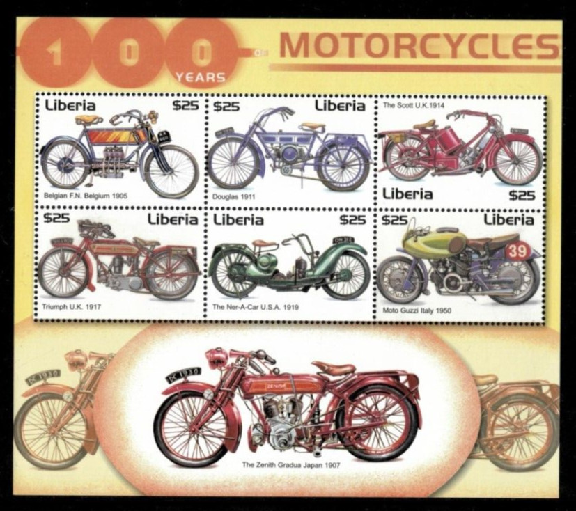 Liberia 2002 - 100 Years of Motorcycles - Sheet of 6 Stamps - MNH