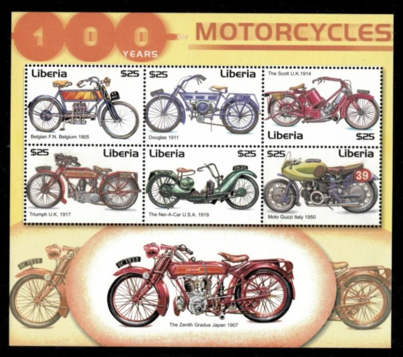 Liberia 2002 - 100 Years of Motorcycles - Sheet of 6 Stamps - MNH