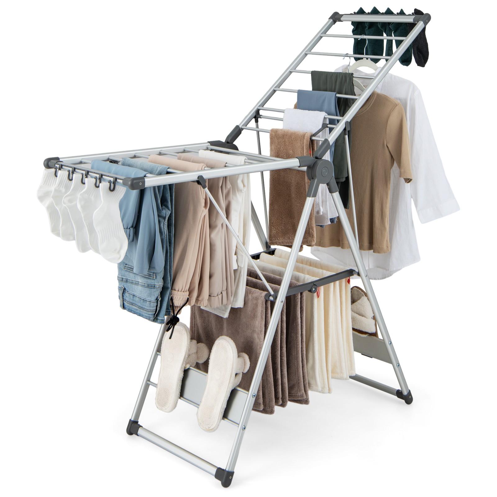 2-Tier Aluminum Collapsible Laundry Clothes Drying Rack w/ Anti-Slip Foot Pads