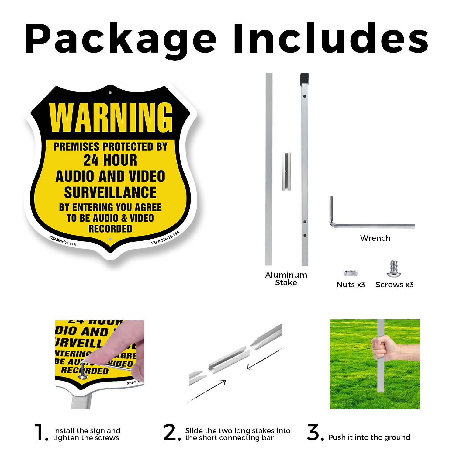 24 Hour Surveillance Shield Sign Warning Premises Protec Shield Sign With Stake