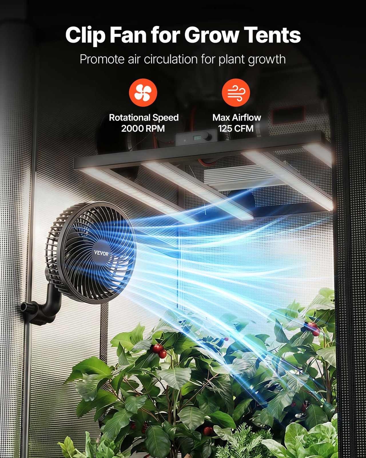 VEVOR Plant Fan Grow Tent Clip On Rechargeable USB 9 Speeds Circulation Smart