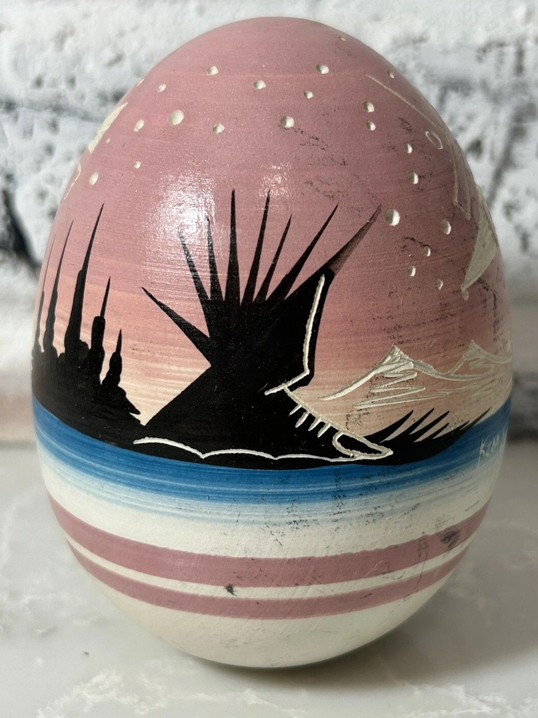 VTG Navajo Keda Dineh Native American Pottery Egg Hand Painted Carved Signed