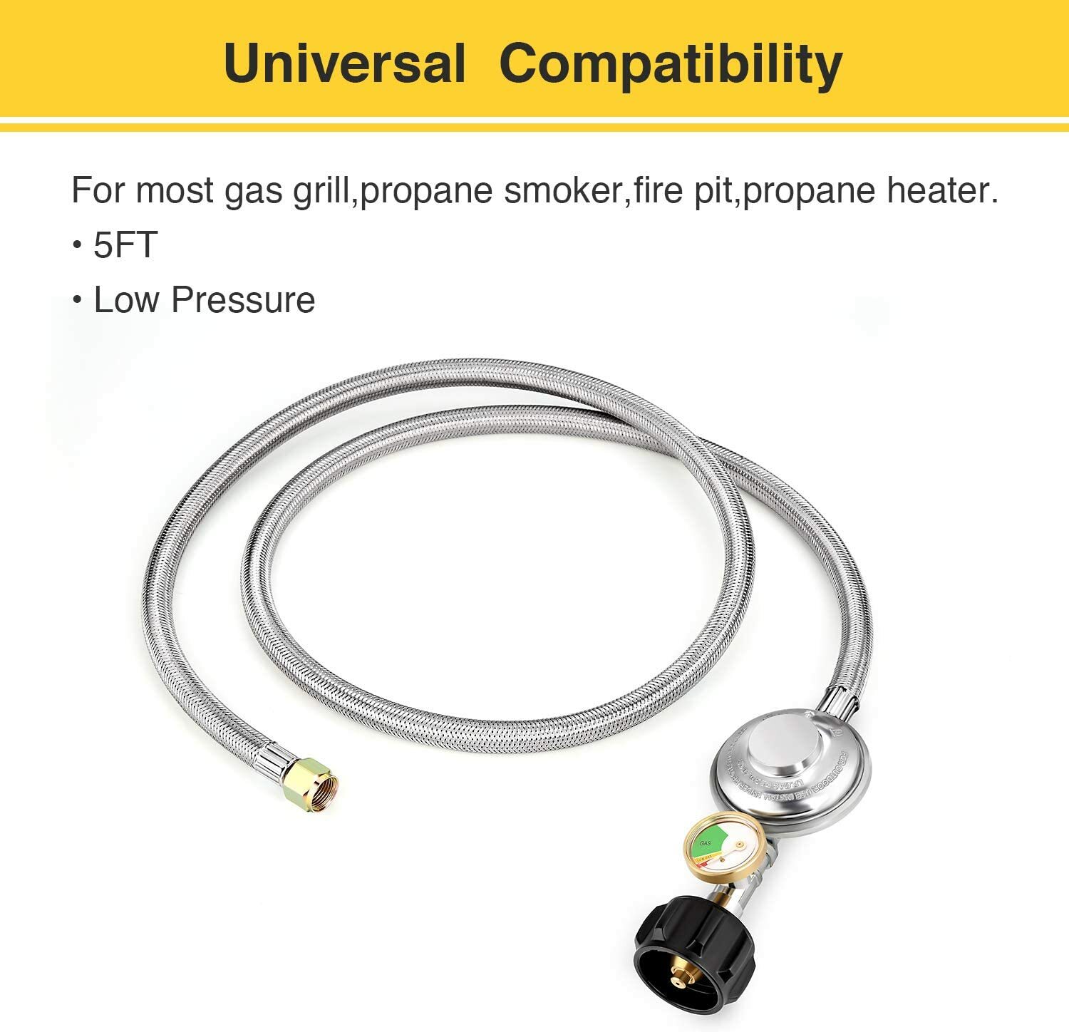 5FT BBQ Grill Low Pressure Propane Regulator Hose w/Gauge for Gas Pit, Stove