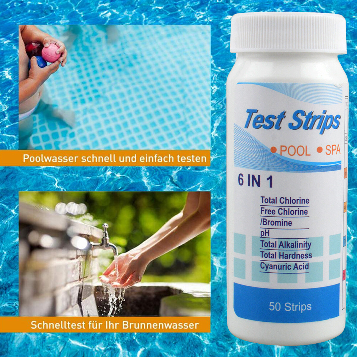 200PCS 6IN1 Chlorine Dip Test Strips Hot Tub SPA Swimming Pool PH Tester Paper