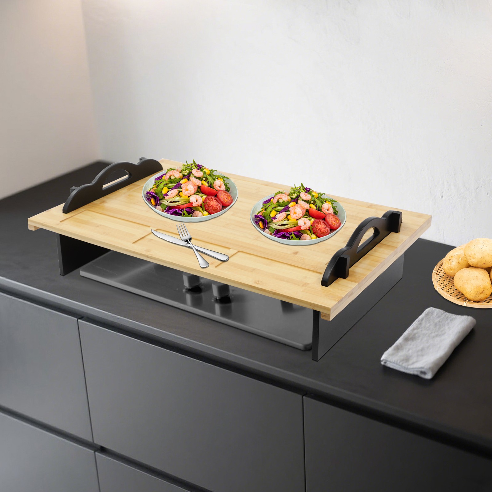 Stove Top Cover Board with Handles for Gas & Electric Stoves Wood Color New